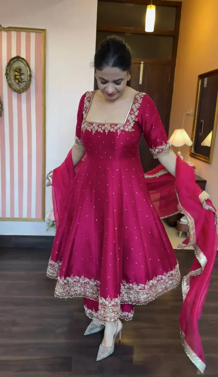 Prachi Pink Premium Vichitra Royal Elegant Suit Set | Sangeet & Engagement Wear | Anarkali Suit Party Wear