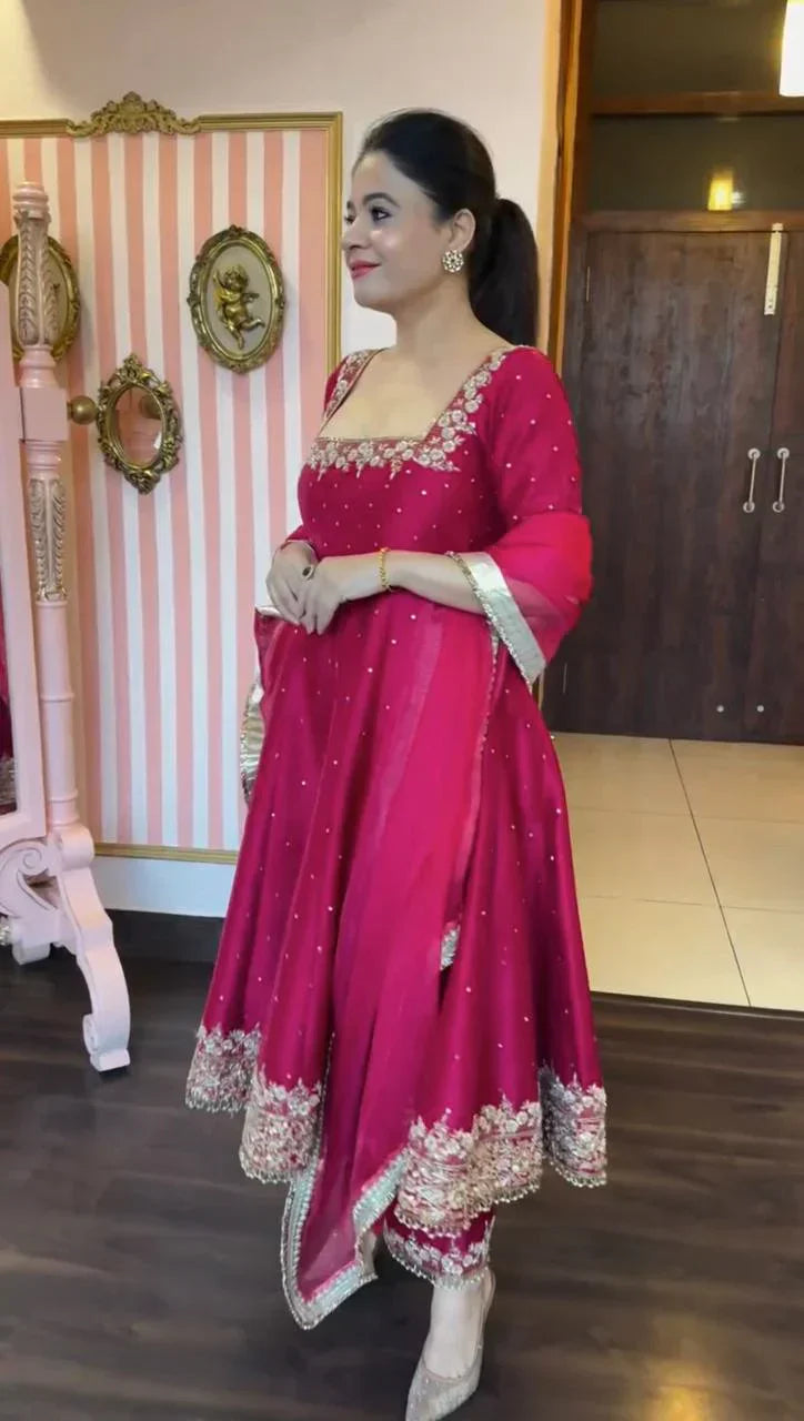 Prachi Pink Premium Vichitra Royal Elegant Suit Set | Sangeet & Engagement Wear | Anarkali Suit Party Wear