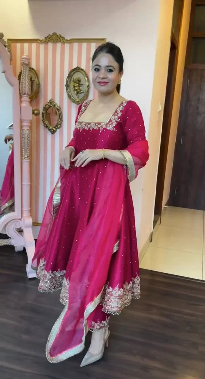 Prachi Pink Premium Vichitra Royal Elegant Suit Set | Sangeet & Engagement Wear | Anarkali Suit Party Wear