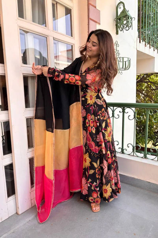 Designer Black Color Tabby Organza Digital Print Anarkali Suit
