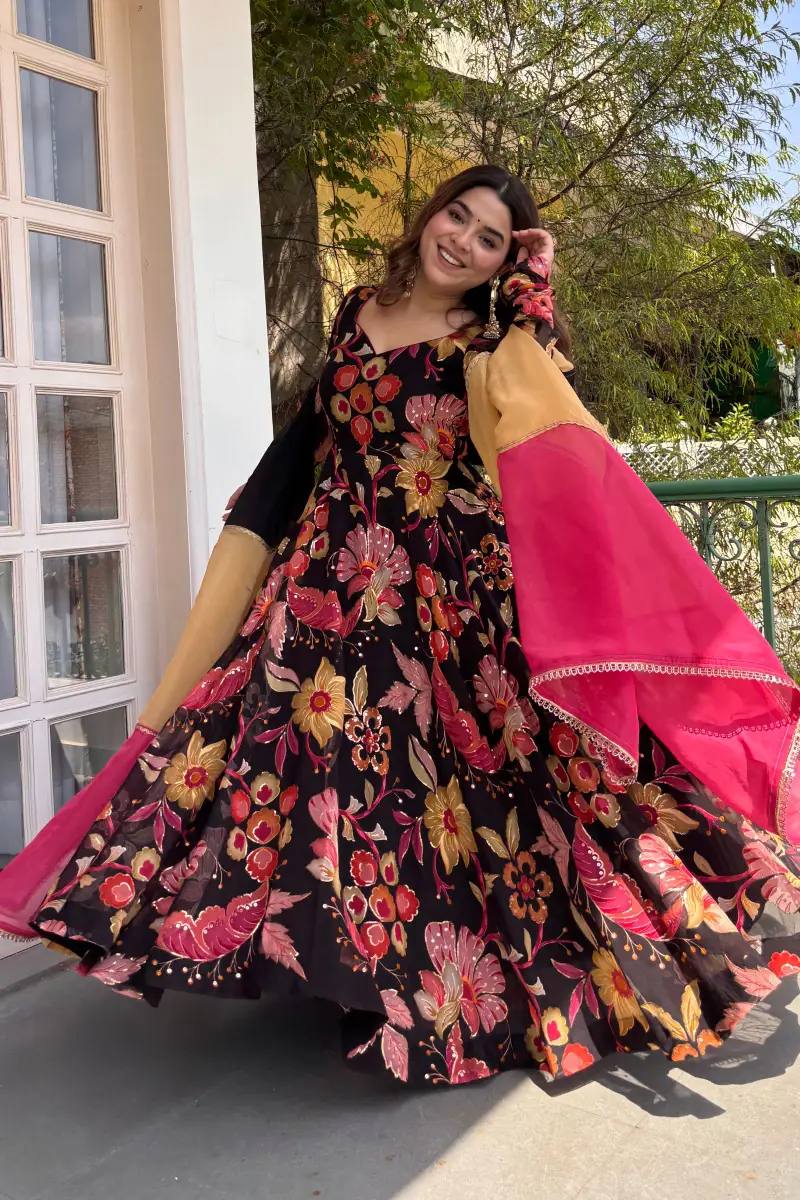 Designer Black Color Tabby Organza Digital Print Anarkali Suit