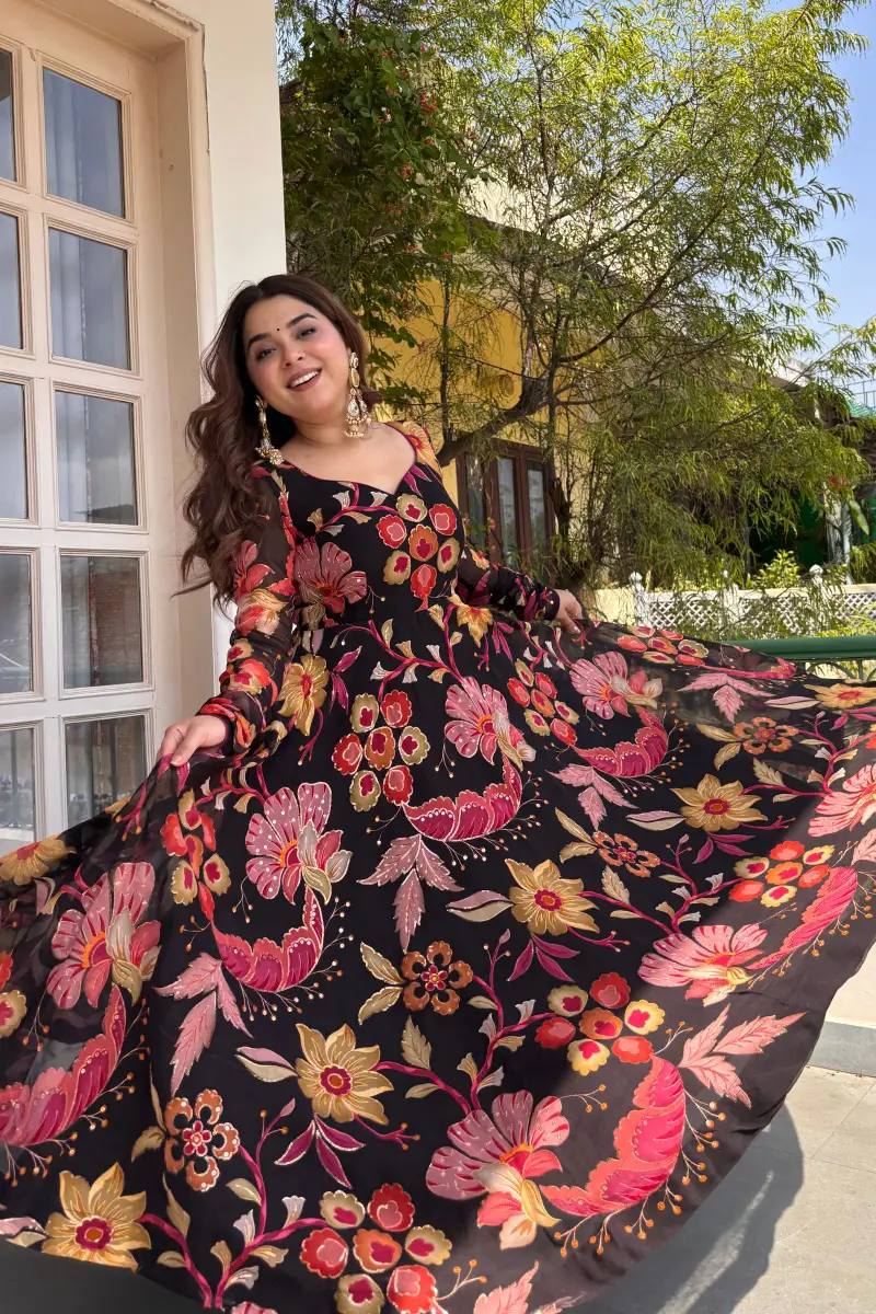 Designer Black Color Tabby Organza Digital Print Anarkali Suit