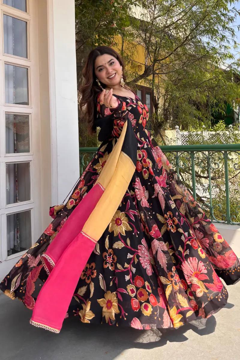 Designer Black Color Tabby Organza Digital Print Anarkali Suit