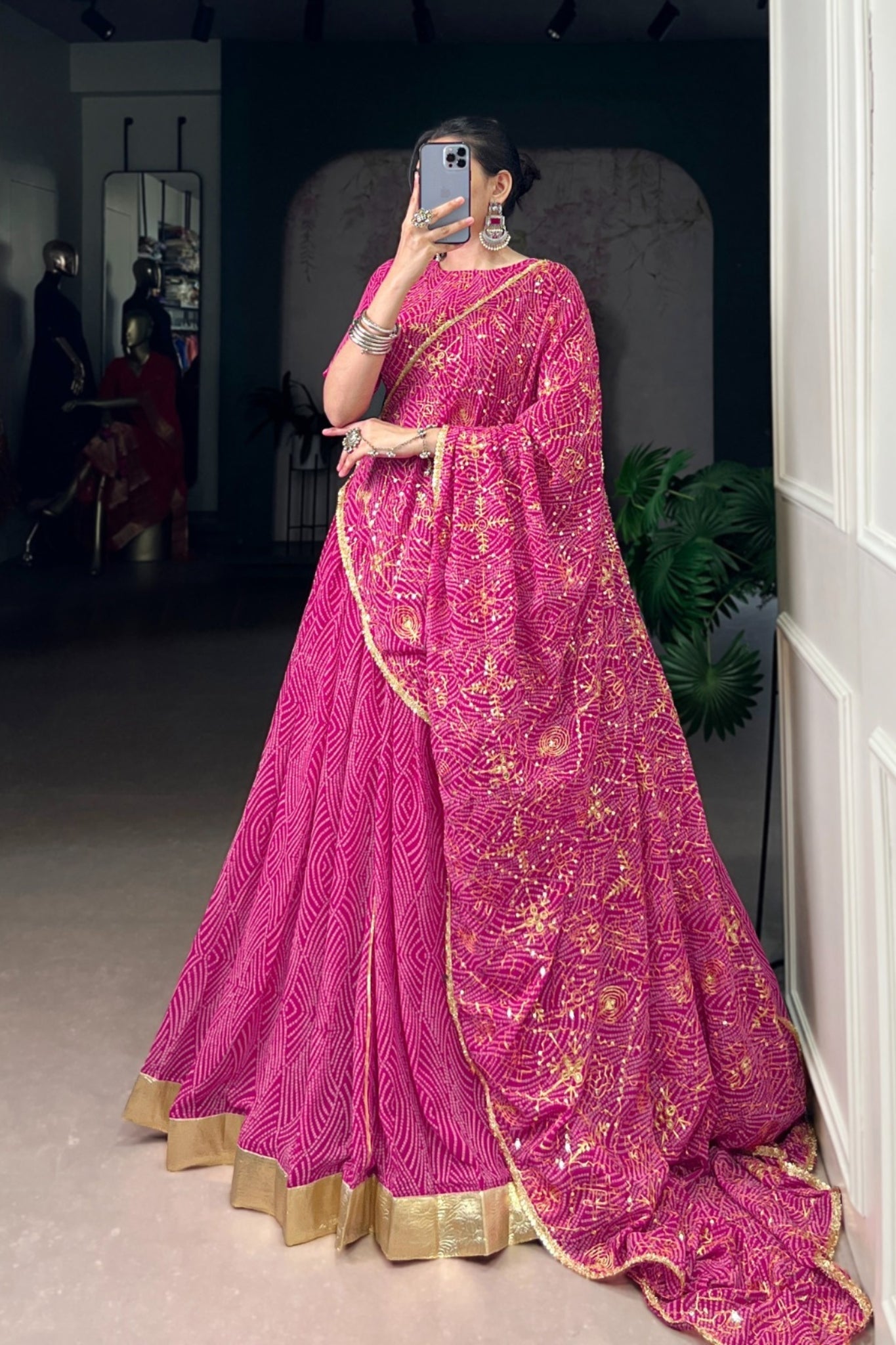 Vibrant Bandhej Print Designer Georgette With Mirror Work Lehenga Choli Set For Wedding And Navratri - ETHNICDEAL