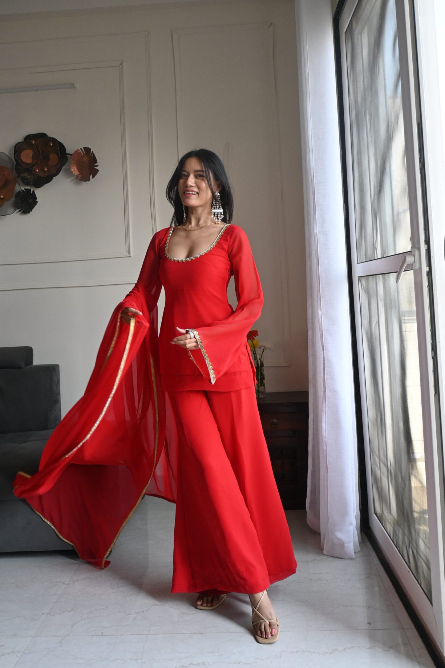 90's Style Red Handcrafted Georgette Palazzo Sharara Suit Set | Wedding & Party Wear