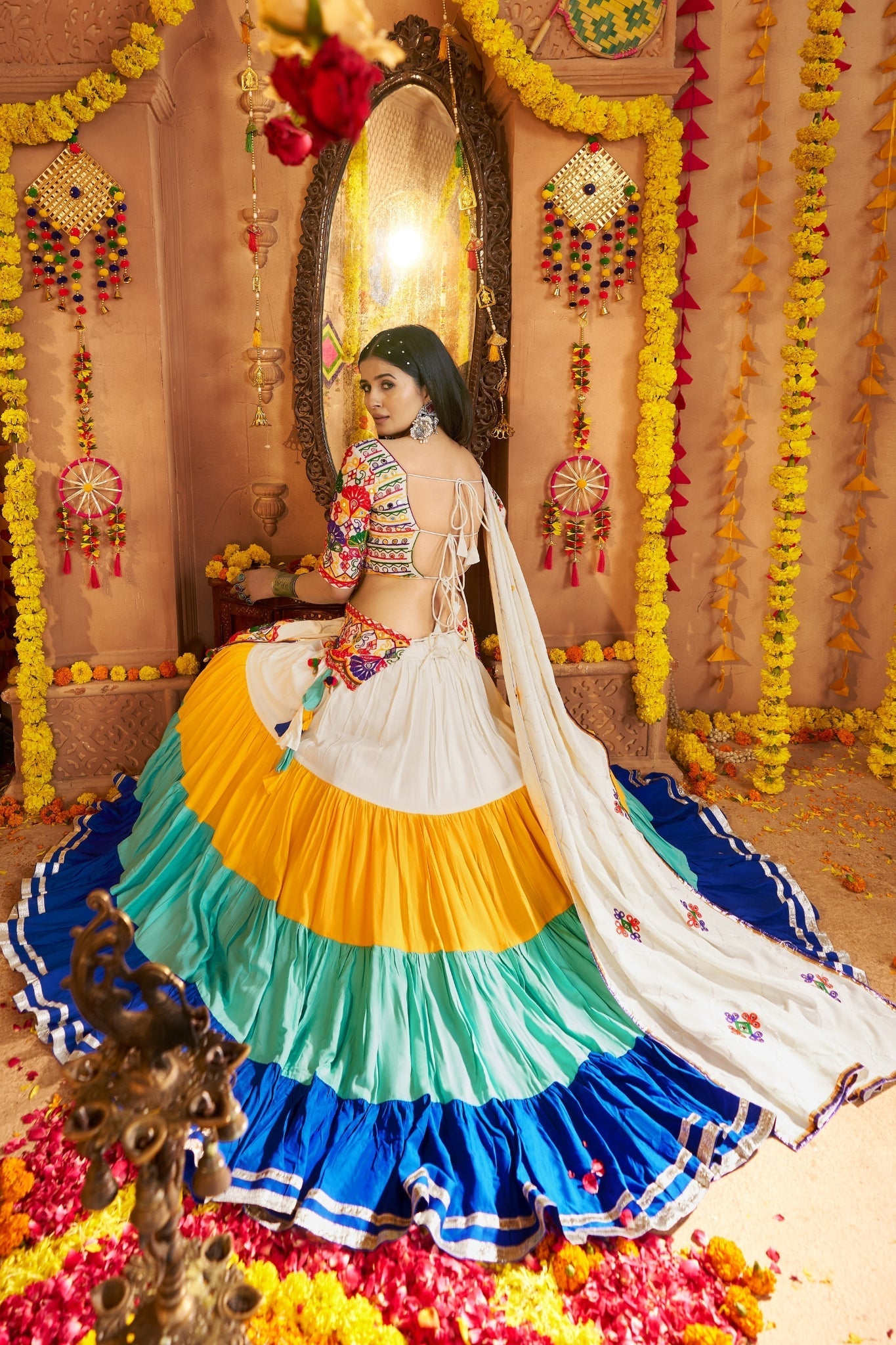 Beautiful Viscose Cotton Traditional Tread Embroidered With Mirror Work Navratri Lehenga Choli - ETHNICDEAL