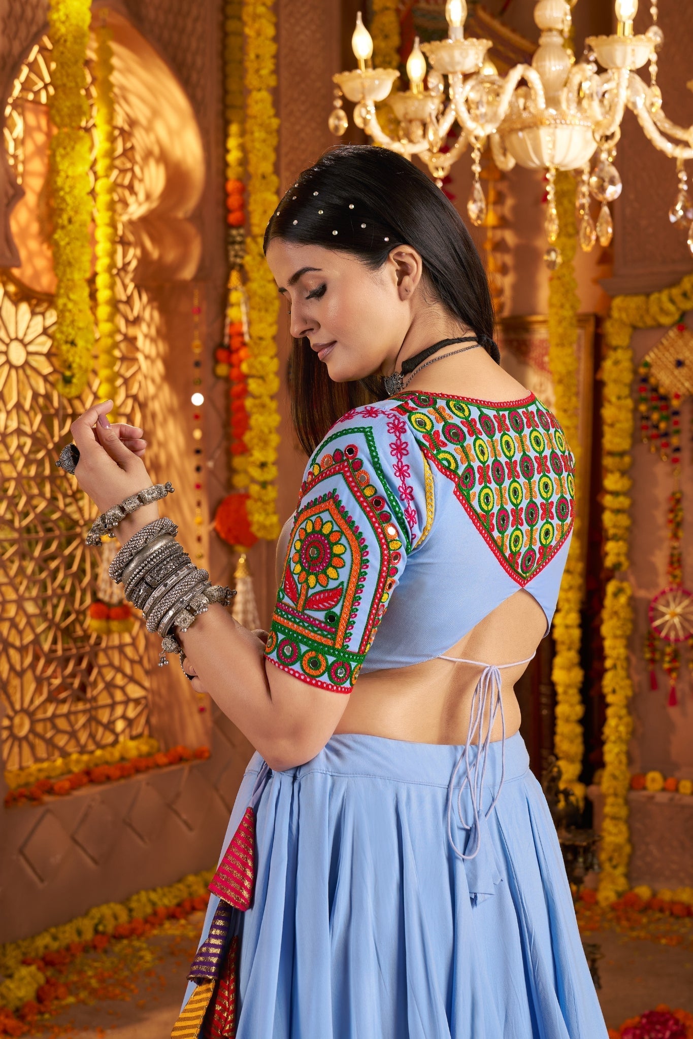 Light Blue Stunning Navratri Designer Viscose Cotton Lehenga Choli - ETHNICDEAL