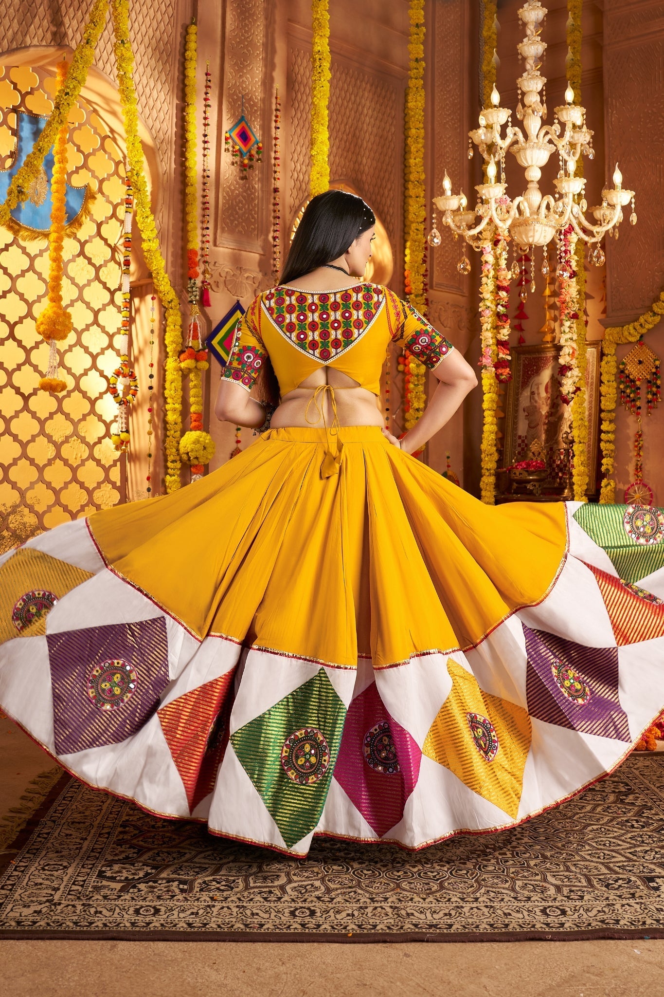 Mustard Yellow Viscose Cotton Traditional Designer Navratri Lehenga Choli - ETHNICDEAL