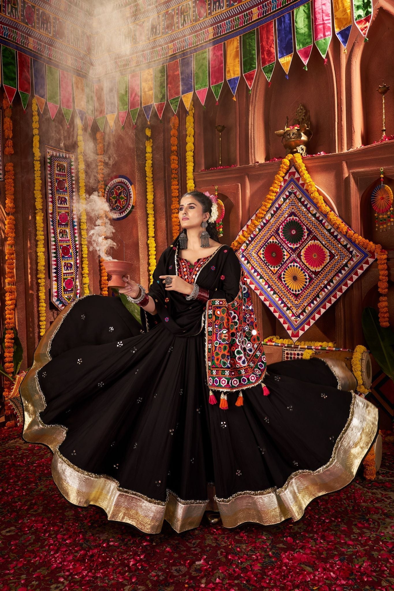Black Thread With Mirror Hand Work Viscose Cotton Navratri Lehenga Choli - ETHNICDEAL