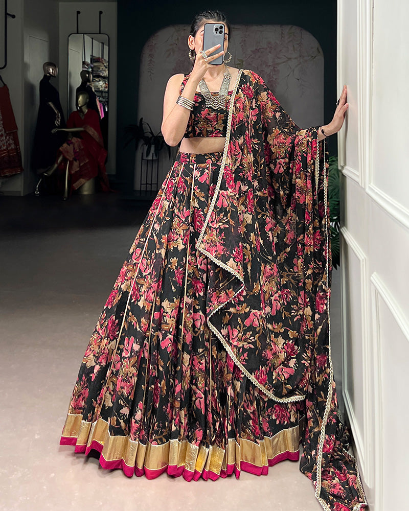 Exquisite Black Color Chiffon Digital Printed Lehenga Choli - ETHNICDEAL