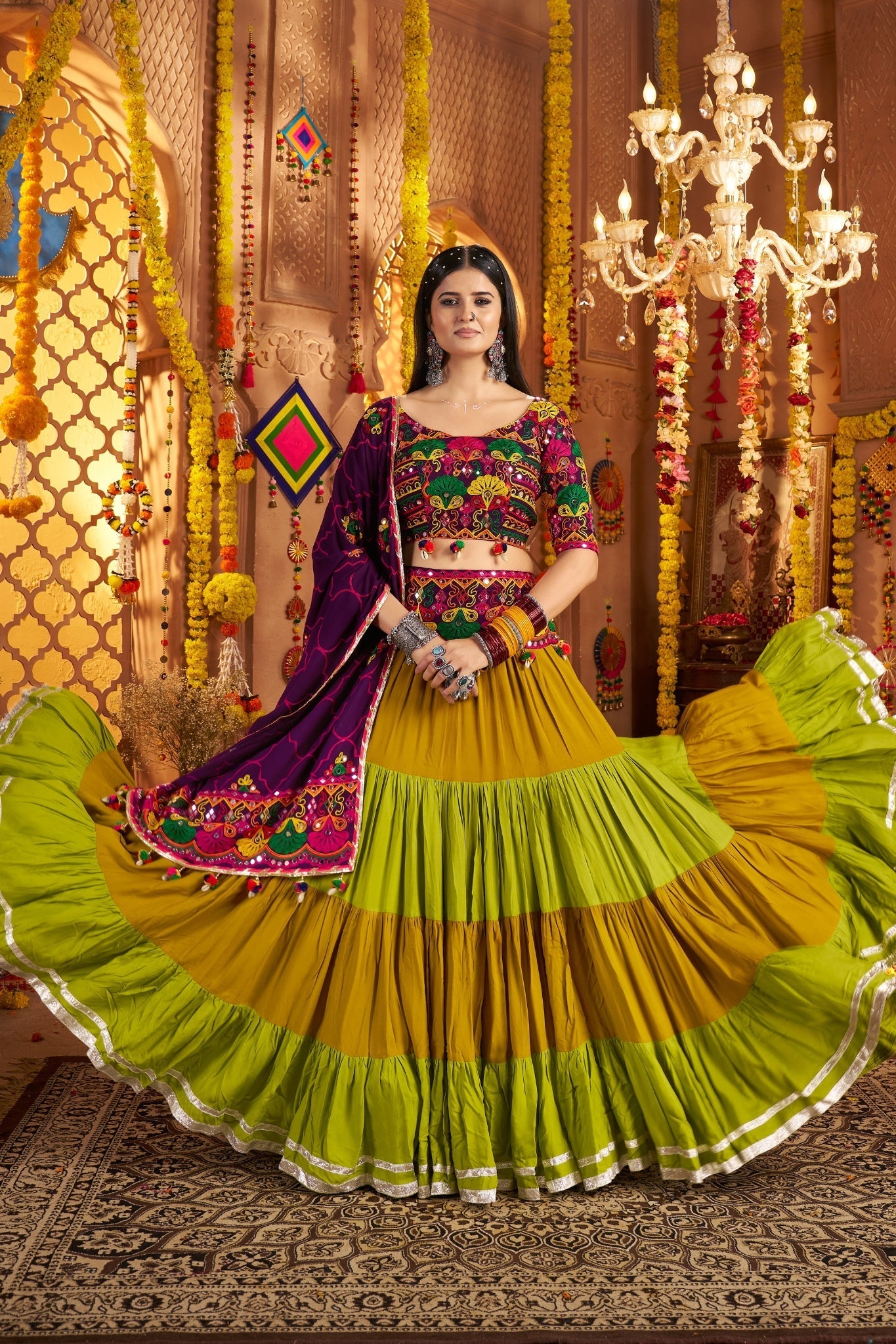 Designer Festive Spirit Viscose Cotton Multi Tread With Mirror Work Traditional Navratri Lehenga Choli - ETHNICDEAL