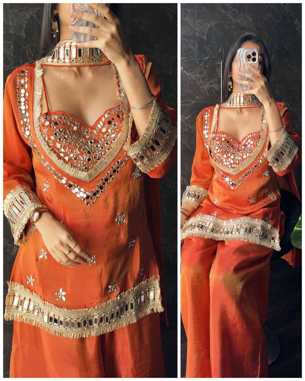 Party Wear Rust Orange Mirror Work Palazzo Suit