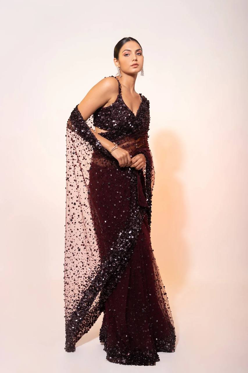 Dark Brown Glamorous Net Saree | Engagement & Party Wear