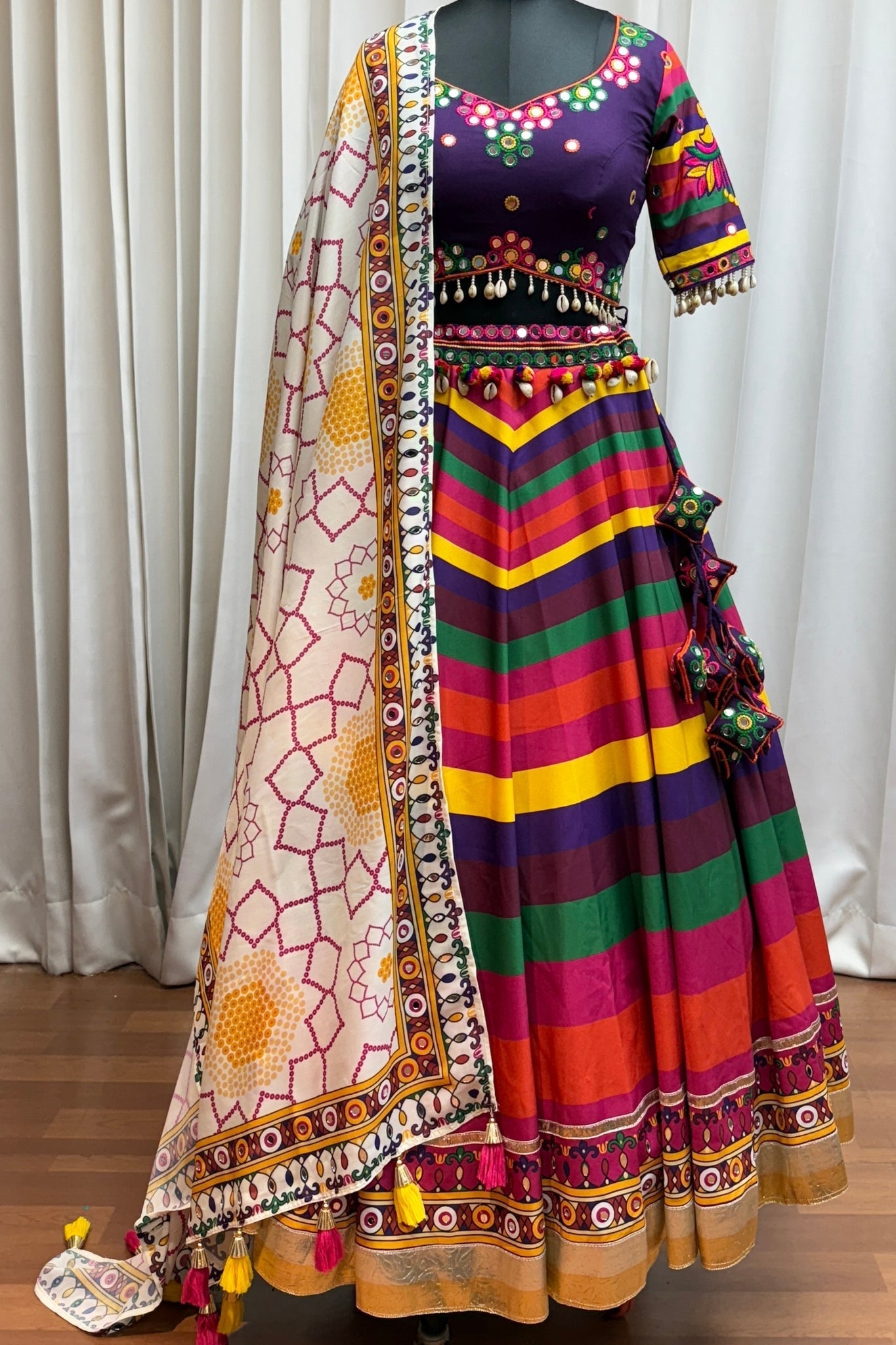 Multi Color Muslin Designer Stunning Print With Mirror Work Navratri Lehenga Choli - ETHNICDEAL