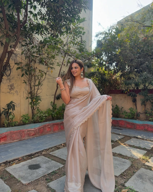 Glamorous Beige Partywear Saree For Women | wedding saree for women
