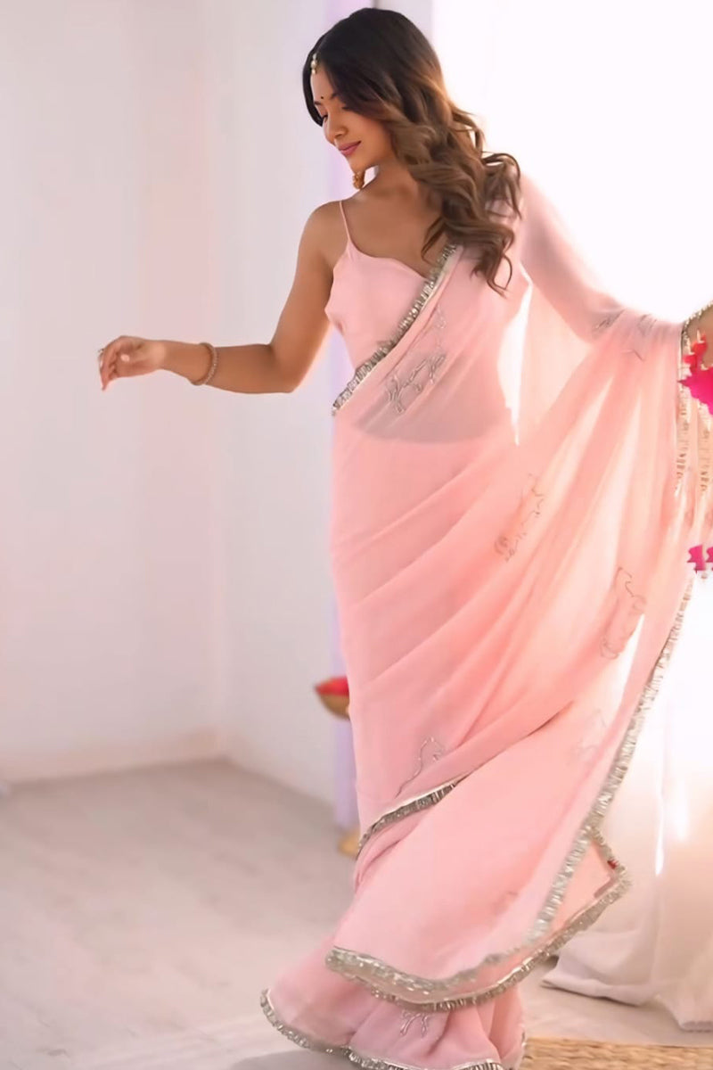 Ready To Wear Baby Pink Pre Draped Georgette Saree For Women - Reception And Wedding Wear