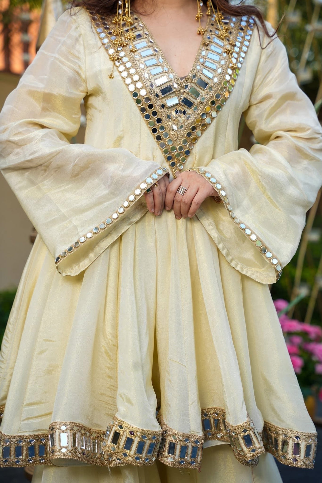White Ivory Color Heavy Mirror Embellished Anarkali With Sharara & Dupatta | White Anarkali Suit For Women