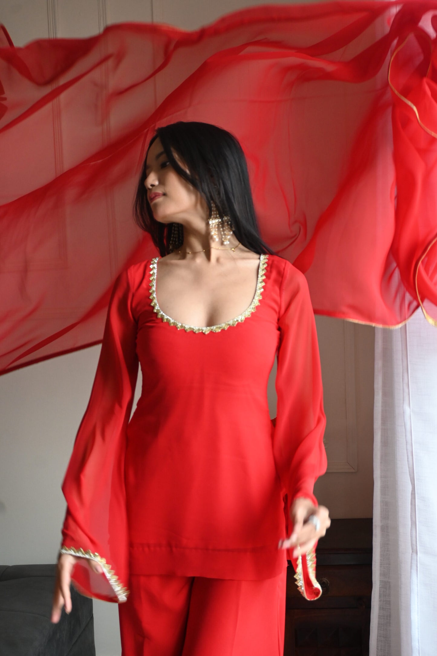 90's Style Red Handcrafted Georgette Palazzo Sharara Suit Set | Wedding & Party Wear