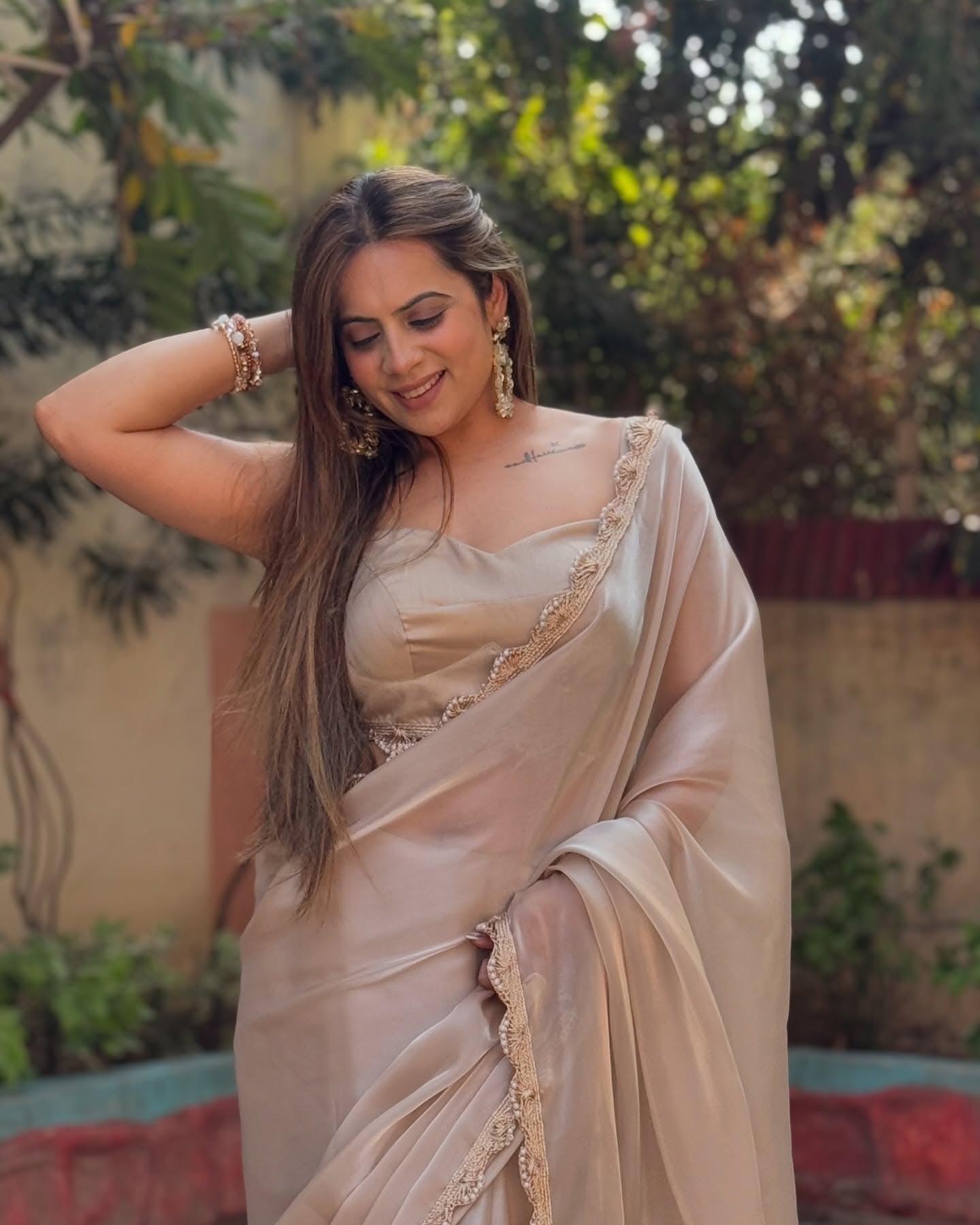 Glamorous Beige Partywear Saree For Women | wedding saree for women