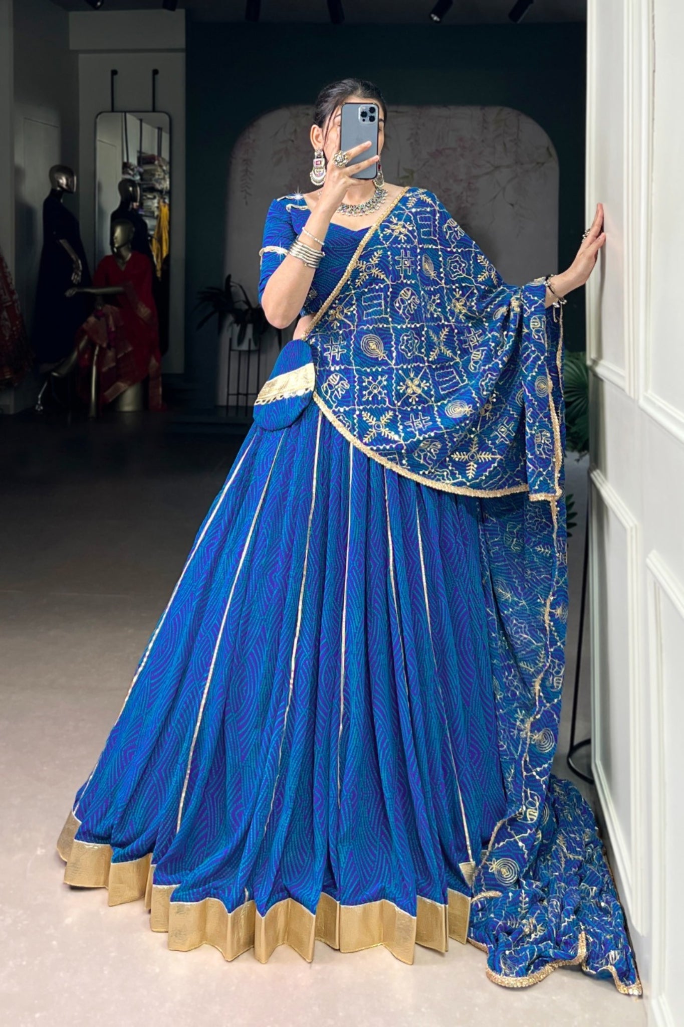 Vibrant Bandhej Print Designer Georgette With Mirror Work Lehenga Choli Set For Wedding And Navratri - ETHNICDEAL