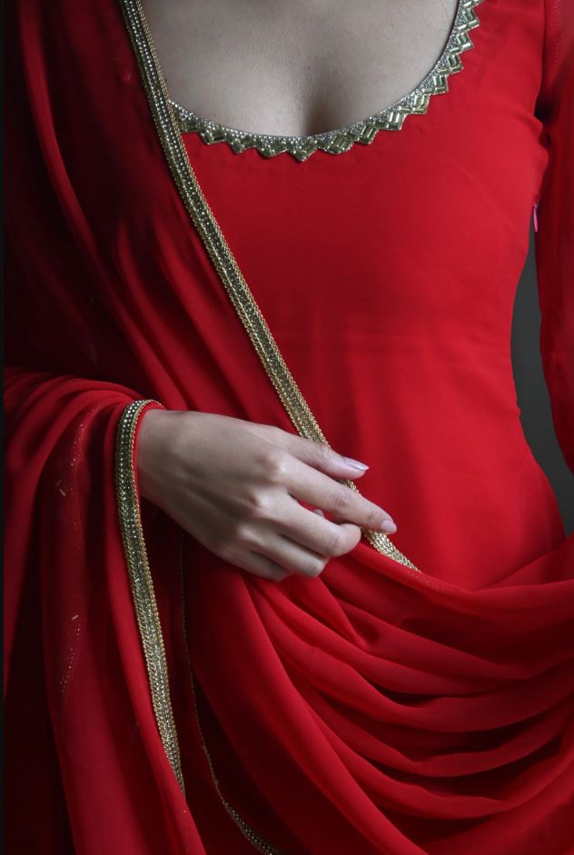 90's Style Red Handcrafted Georgette Palazzo Sharara Suit Set | Wedding & Party Wear