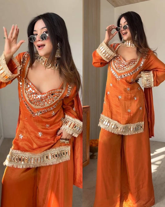 Party Wear Rust Orange Mirror Work Palazzo Suit