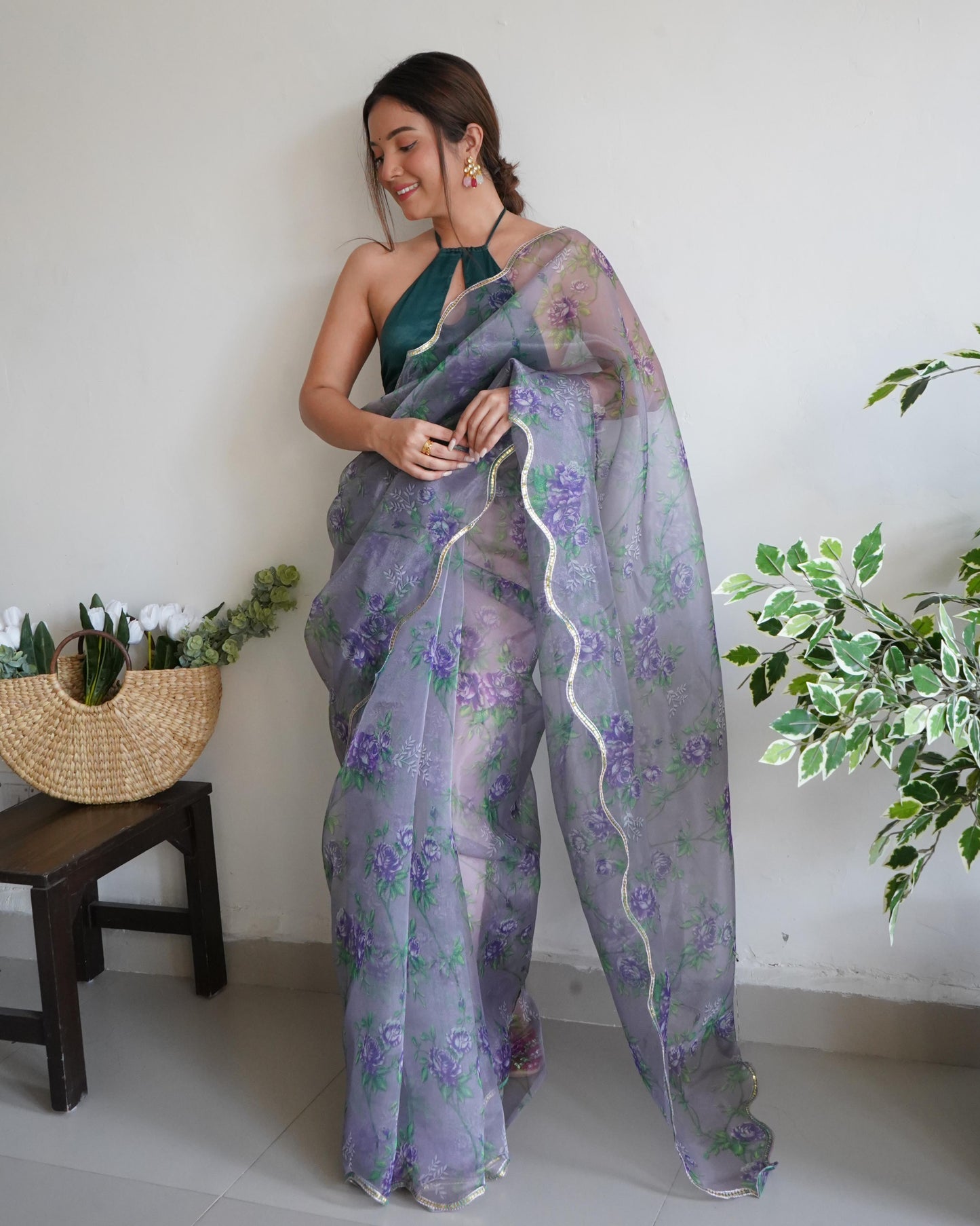 Lovely Gray Pure Organza Floral Handprinted Gota Worked Saree - Ethnicwish