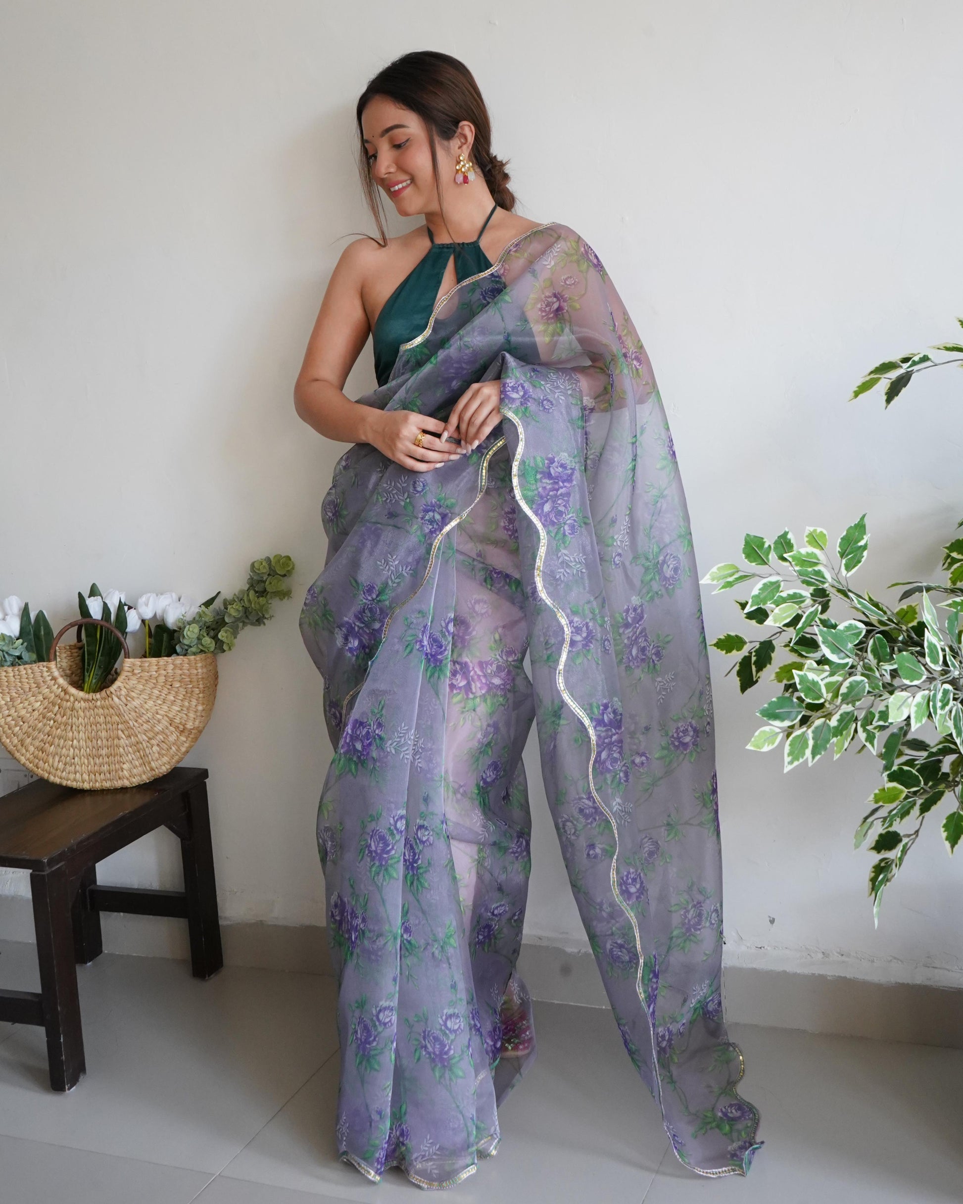Lovely Gray Pure Organza Floral Handprinted Gota Worked Saree - Ethnicwish