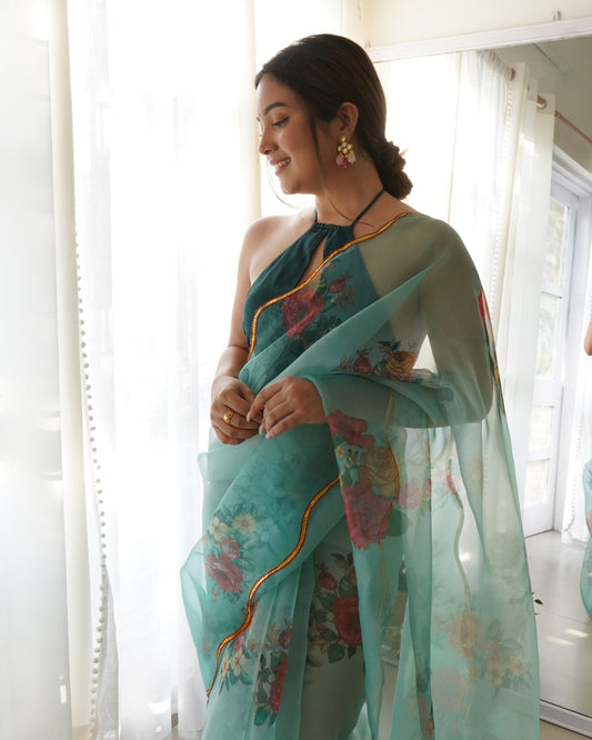 Spellbinding Sea Green Pure Organza Floral Handprinted Gota Worked Saree - Ethnicwish