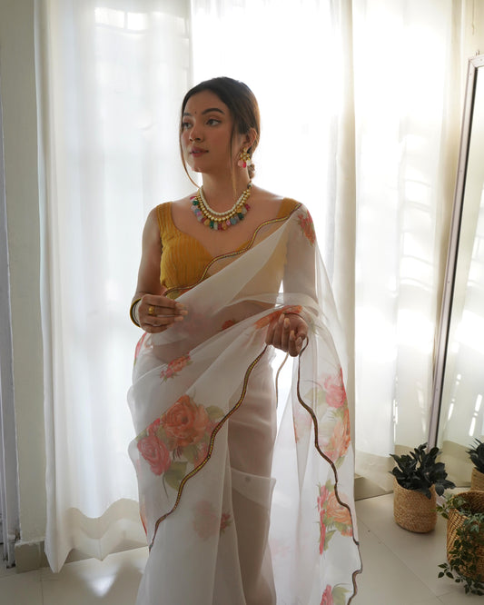 Mesmerizing White Pure Organza Floral Handprinted Gota Worked Saree - Ethnicwish