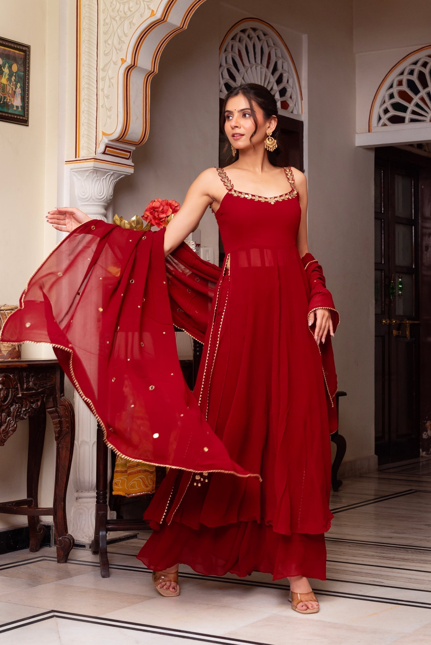 Stylish Red Mirror Work Anarkali Set