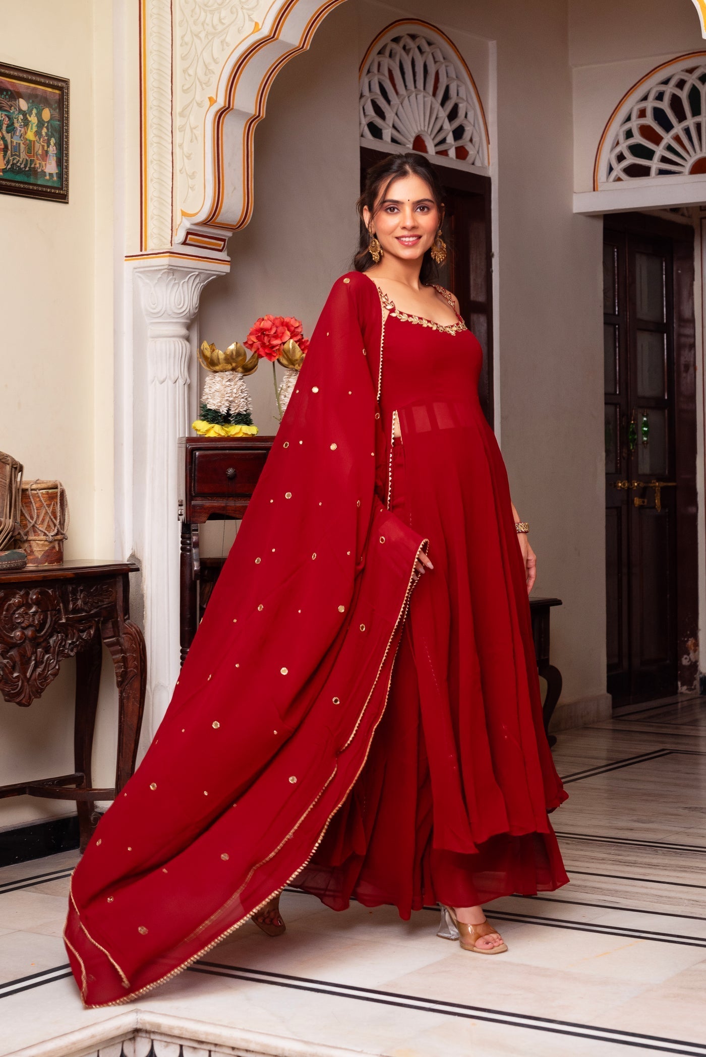 Stylish Red Mirror Work Anarkali Set