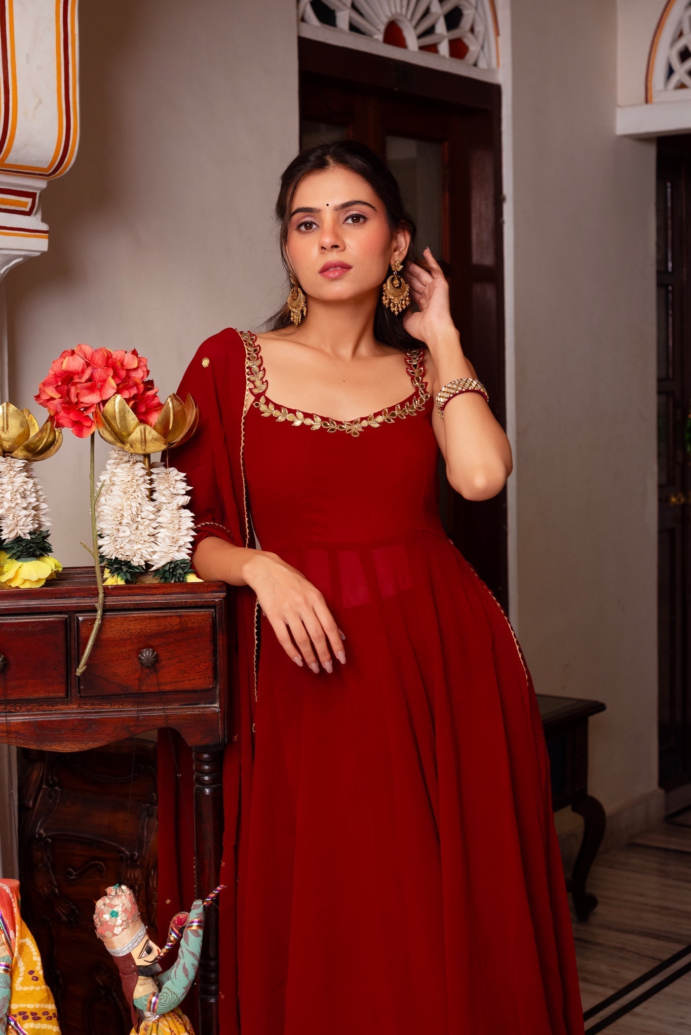 Stylish Red Mirror Work Anarkali Set