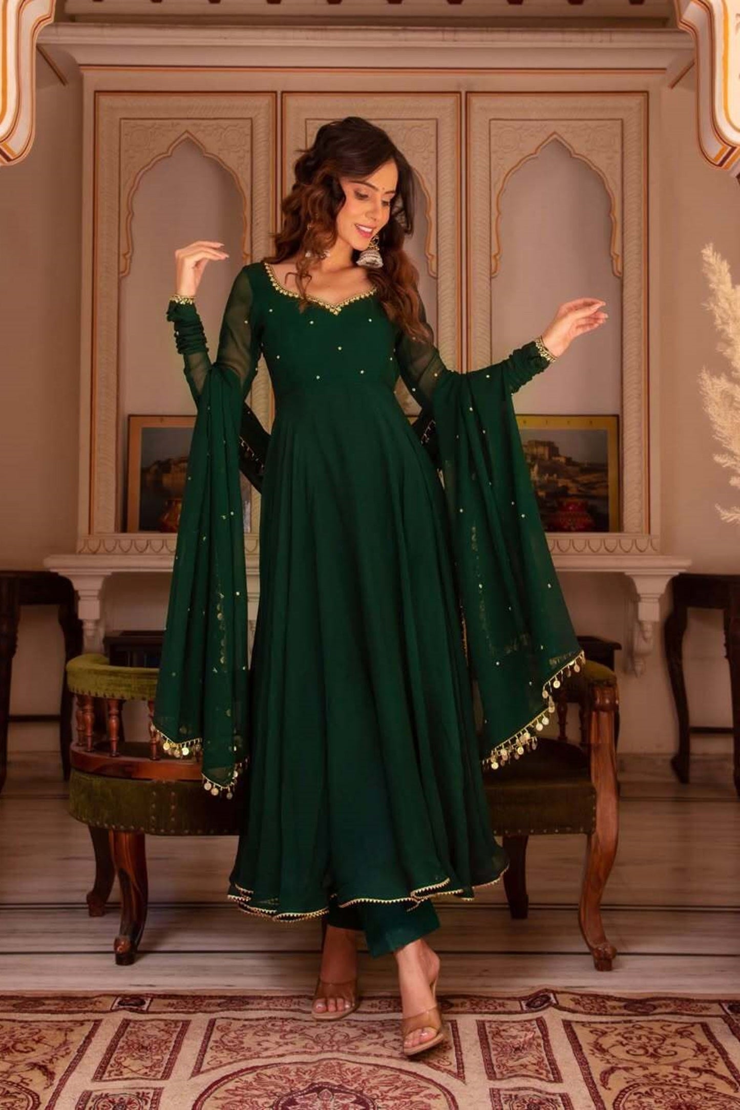 Trendy Green Color Georgette Anarkali Suit with Dupatta