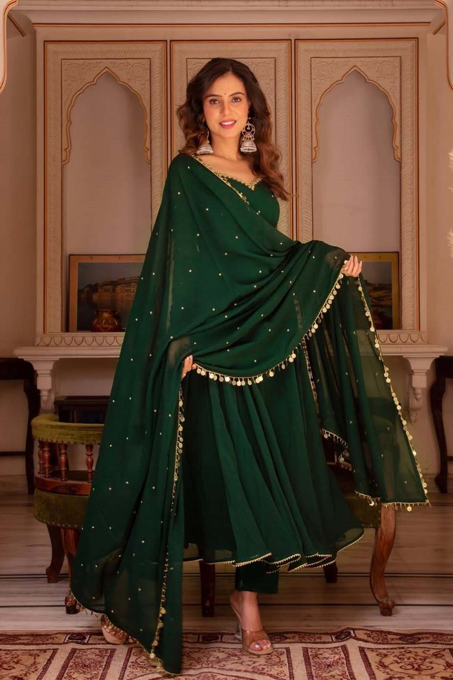 Trendy Green Color Georgette Anarkali Suit with Dupatta