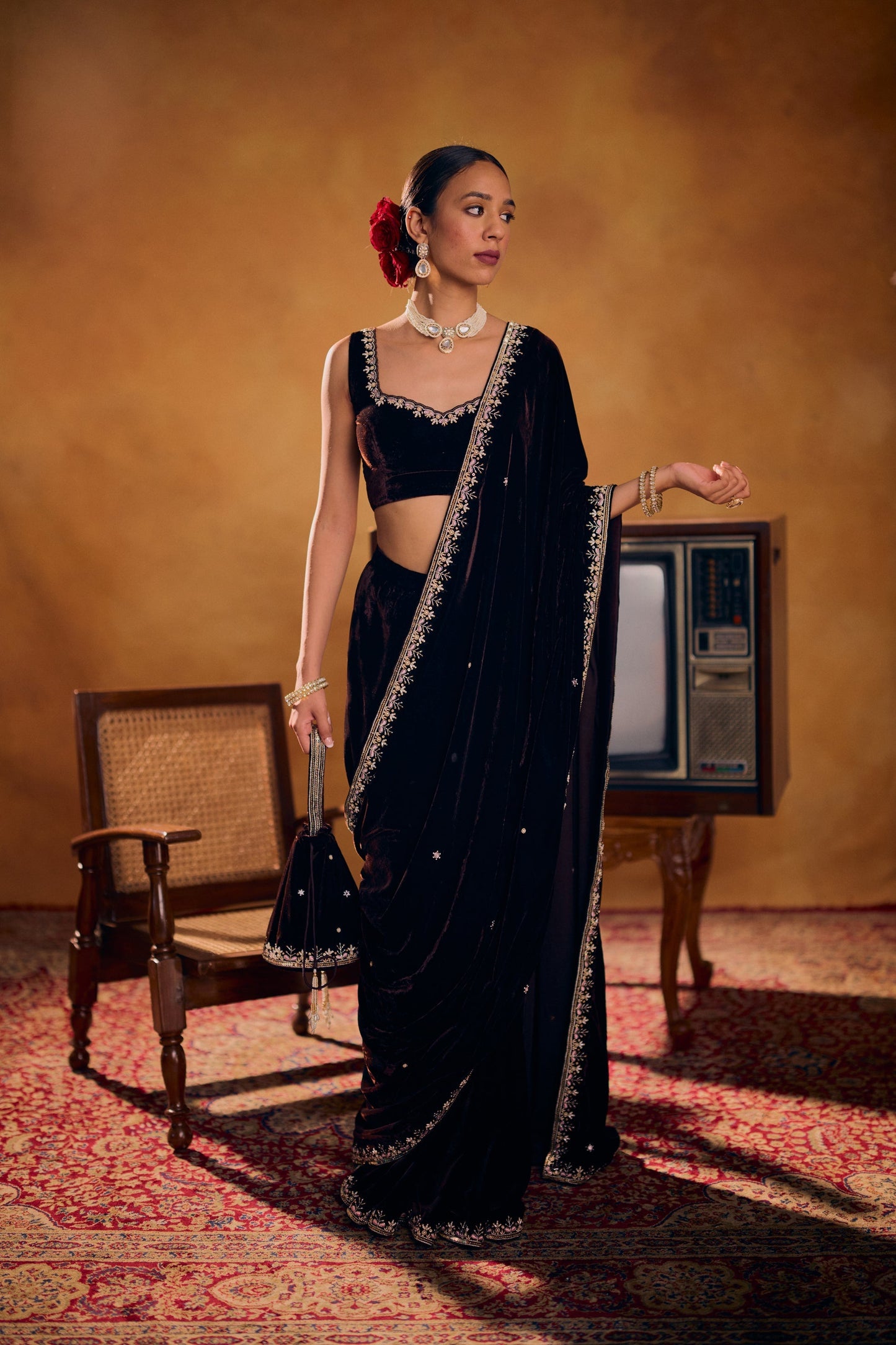 Nusrat Luxury Soft Velvet Saree Set with Zari & Embroidery