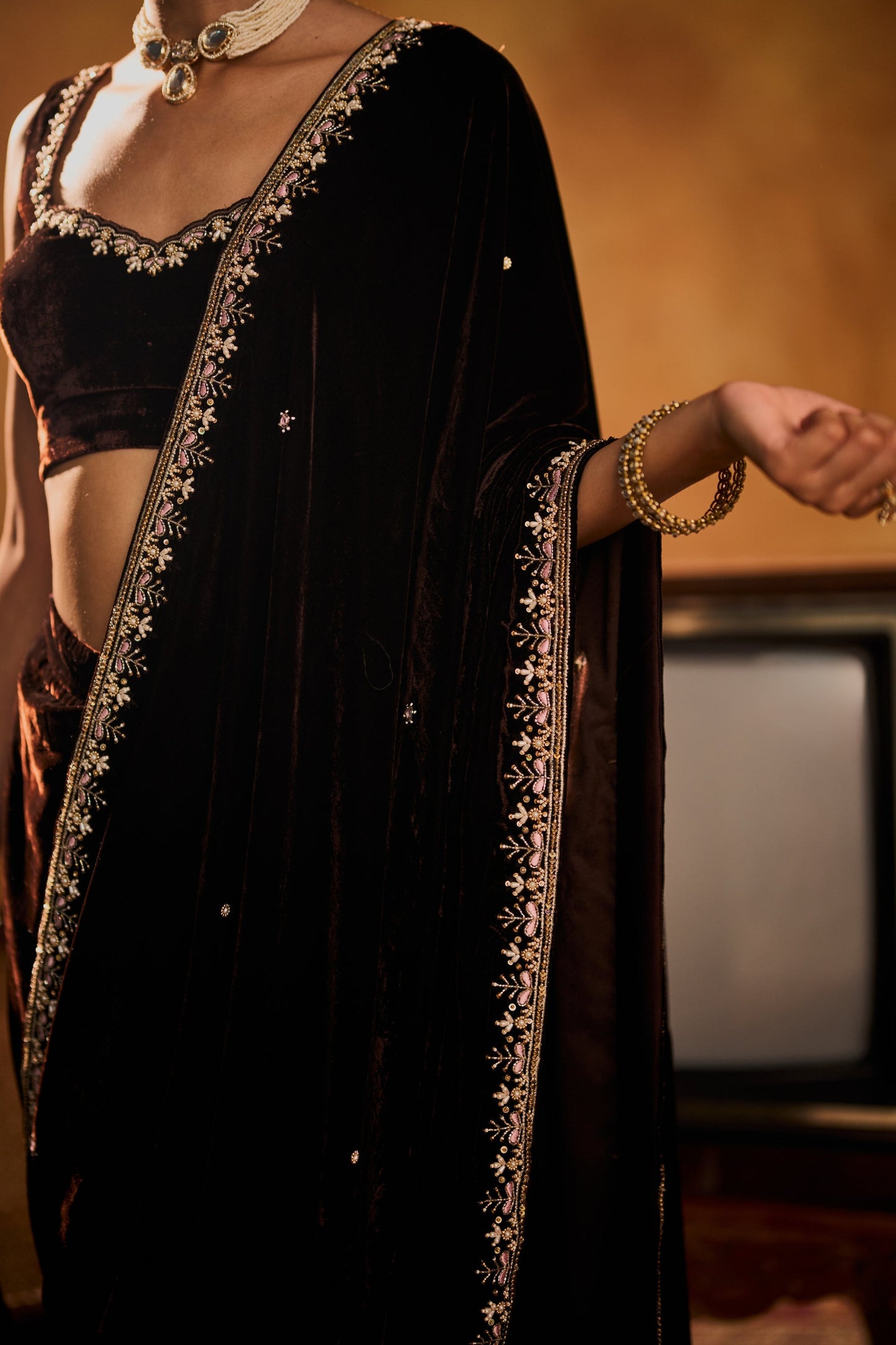 Nusrat Luxury Soft Velvet Saree Set with Zari & Embroidery