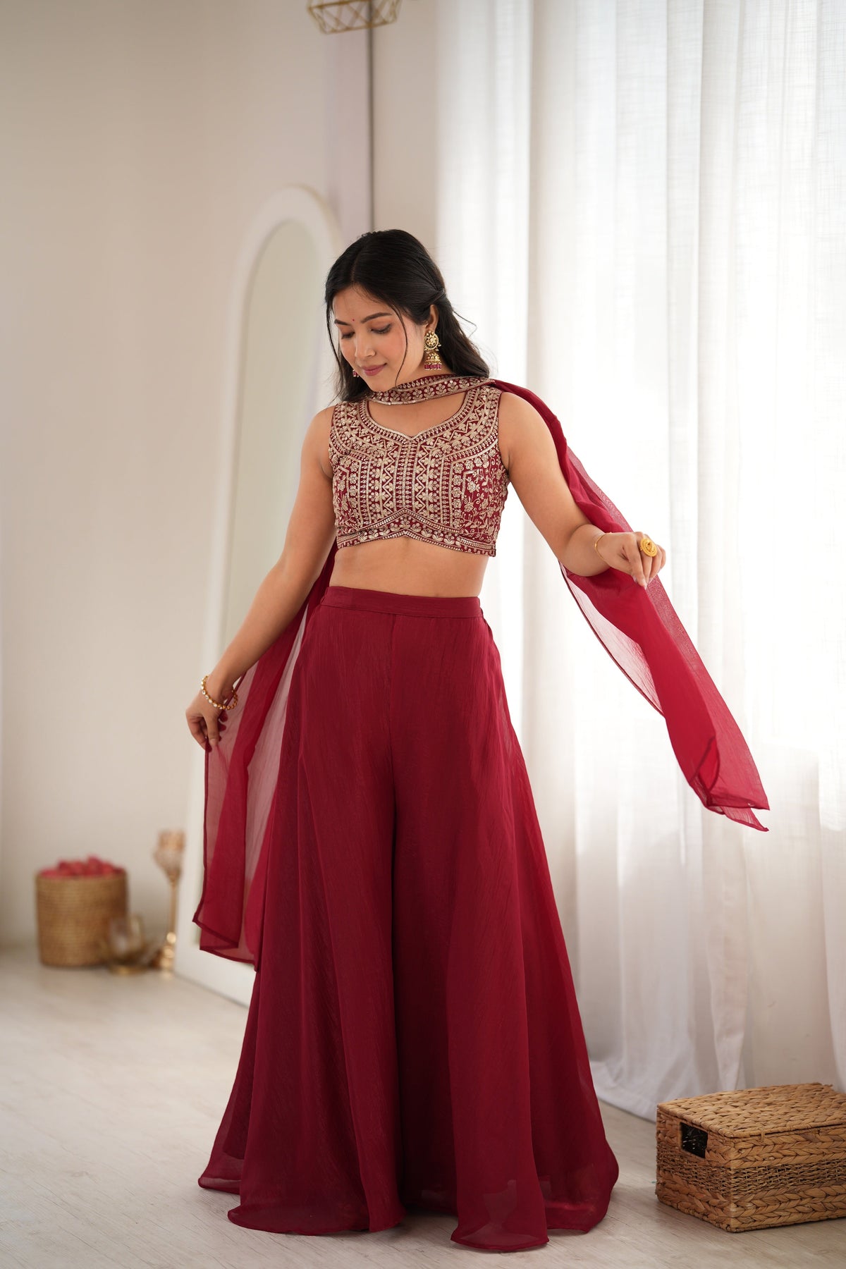 Arti Chauhan Maroon Color Designer Crop Top Palazzo Suit
