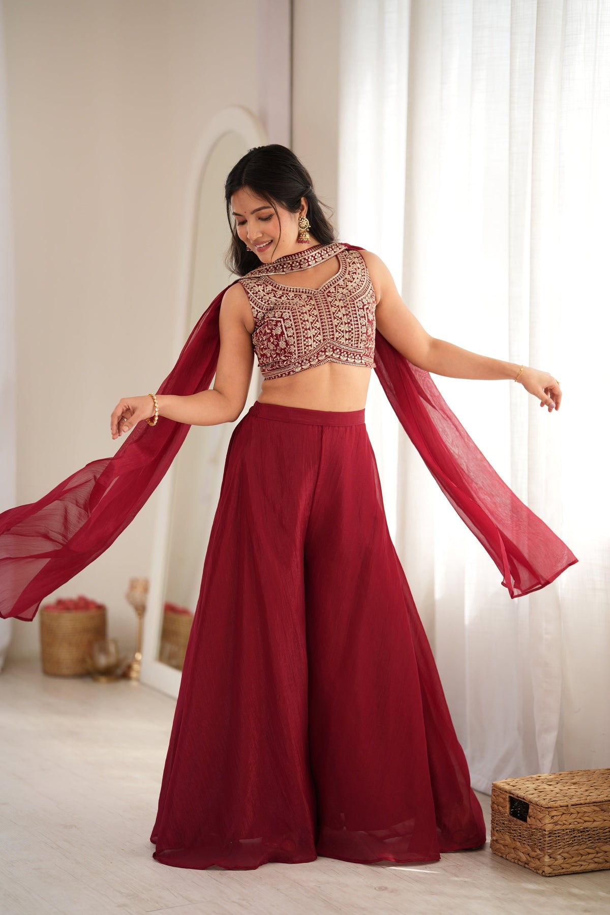 Arti Chauhan Maroon Color Designer Crop Top Palazzo Suit