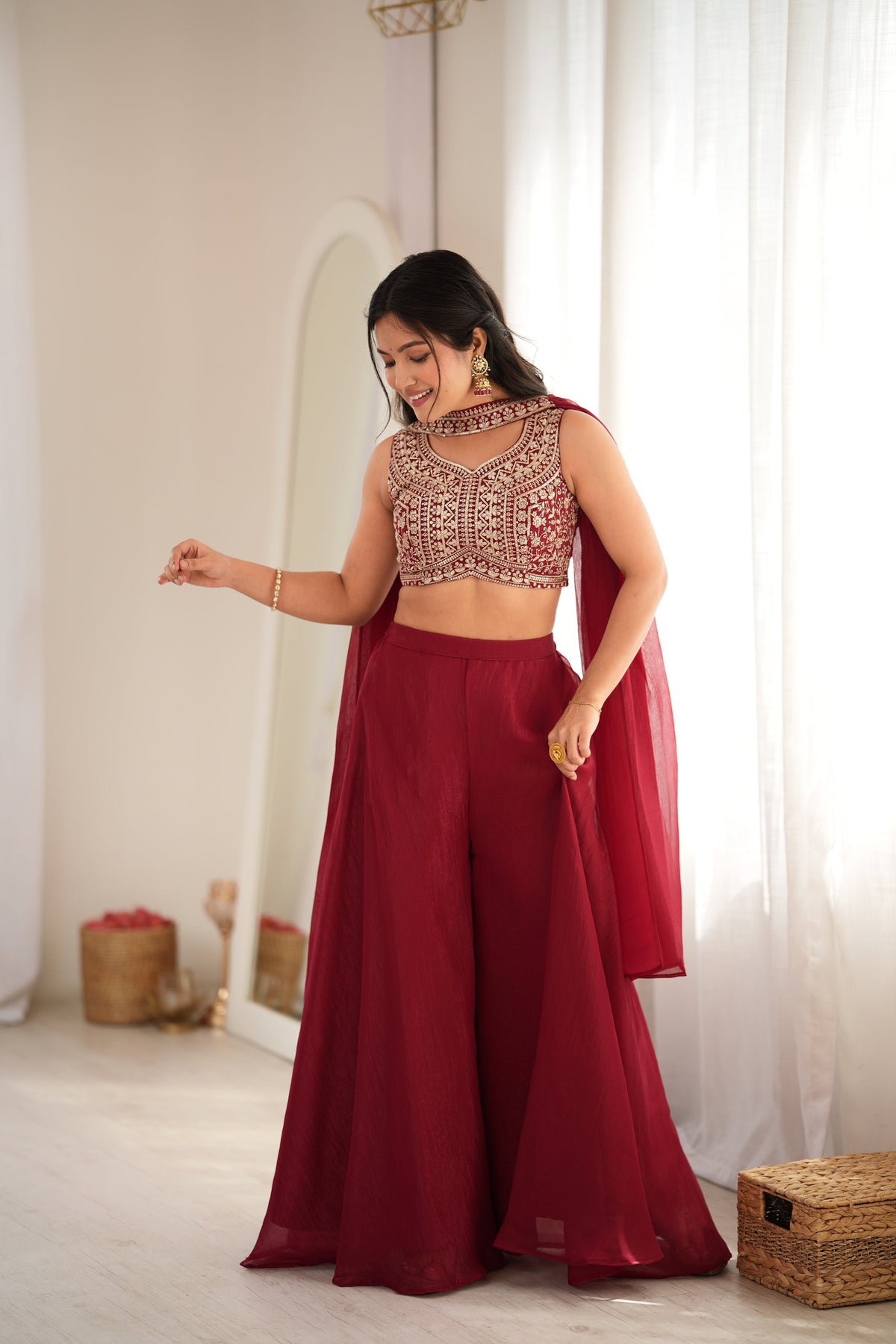 Arti Chauhan Maroon Color Designer Crop Top Palazzo Suit