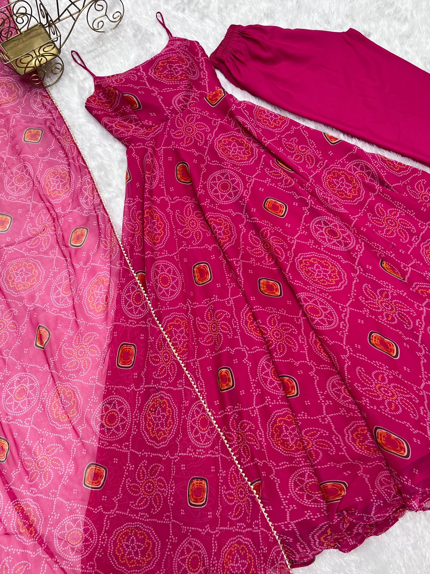 Spectacular Pink Chiffon Bandhej Printed Stitched Anarkali Pant Suit - INDIAN ELEGANCE