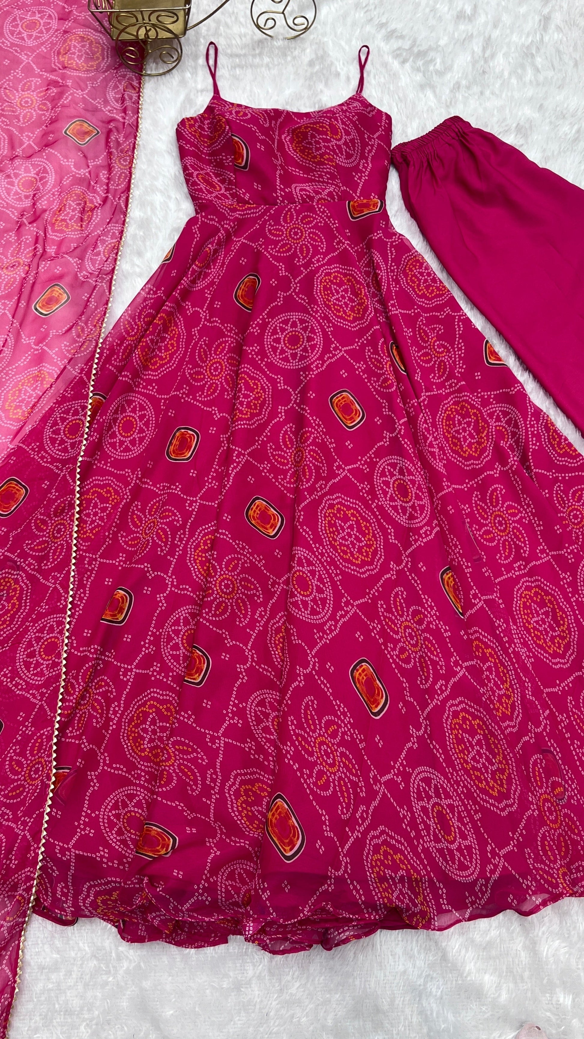 Spectacular Pink Chiffon Bandhej Printed Stitched Anarkali Pant Suit - INDIAN ELEGANCE