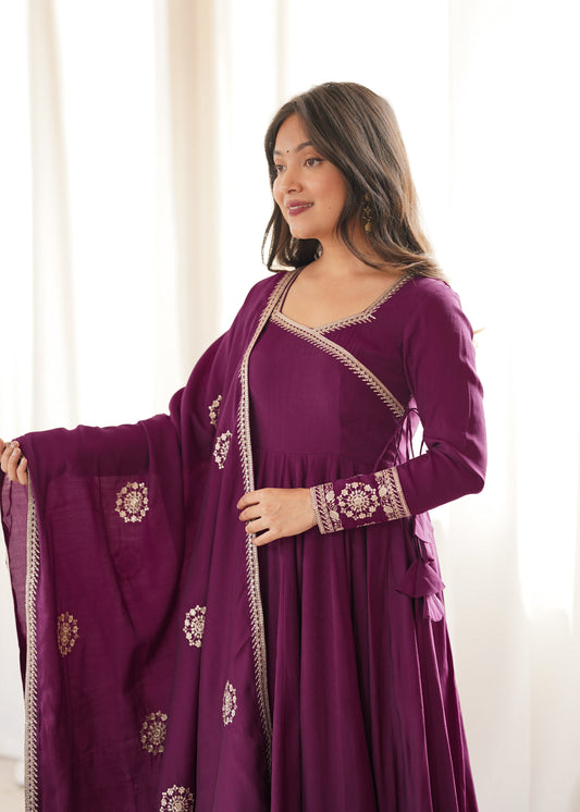 Designer Wine Color Roman Chanderi Silk Angrakha Style Anarkali Gown