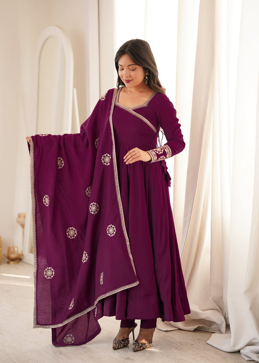 Designer Wine Color Roman Chanderi Silk Angrakha Style Anarkali Gown