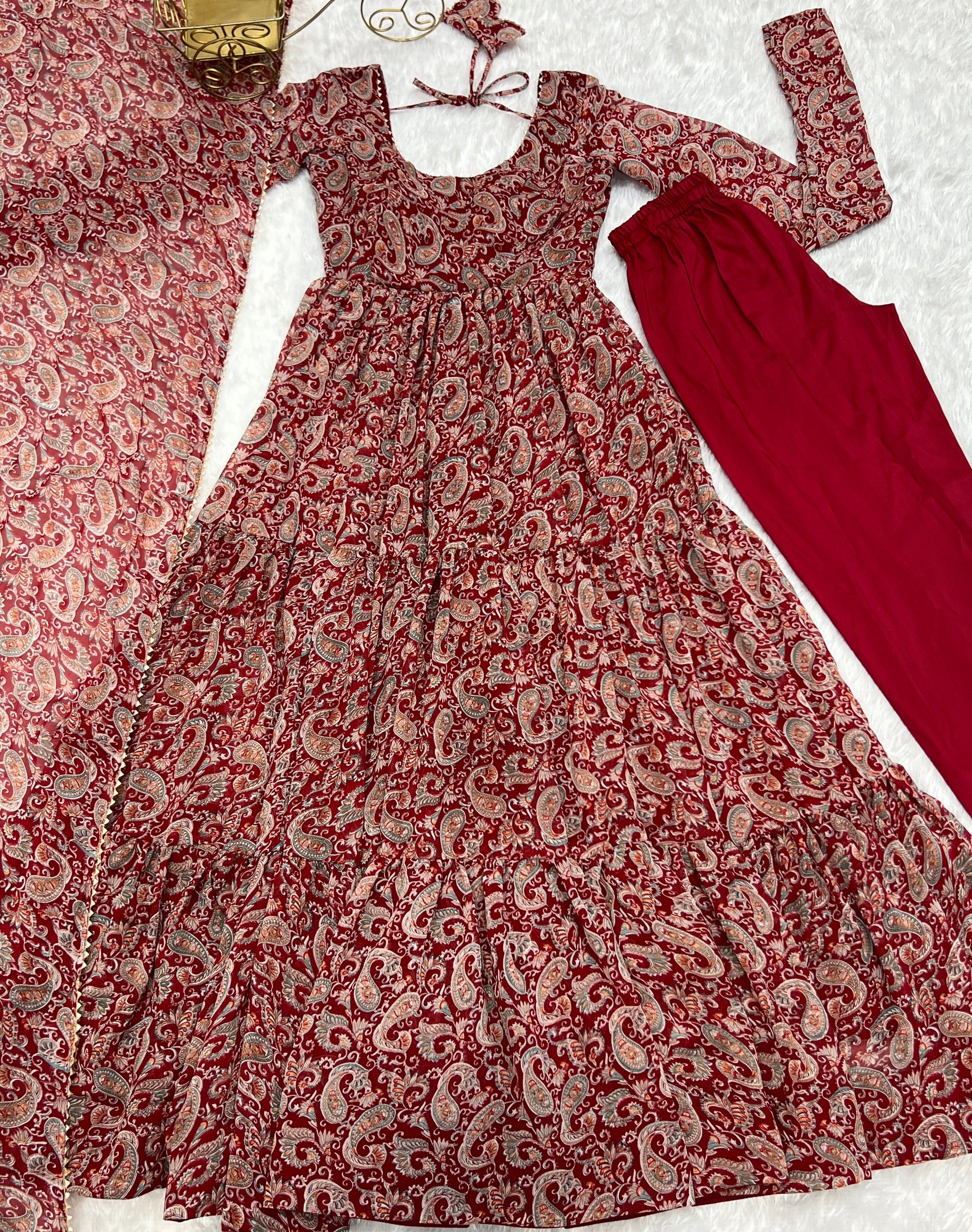 Winsome Faux Georgette Kalamkari Printed Anarkali Pant Suit - INDIAN ELEGANCE