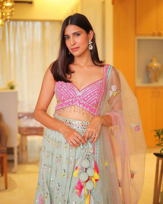 Premium Real Mirror Work Lehenga Choli with Pink Embroidered Blouse & Butterfly Net Dupatta