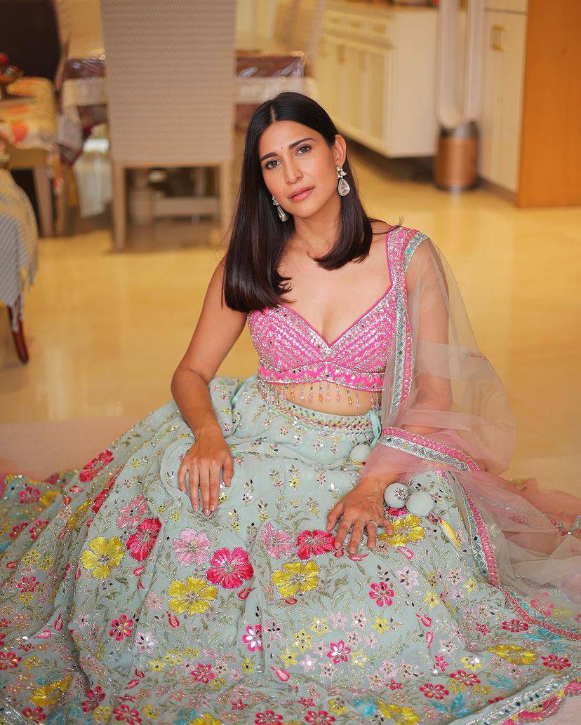 Premium Real Mirror Work Lehenga Choli with Pink Embroidered Blouse & Butterfly Net Dupatta