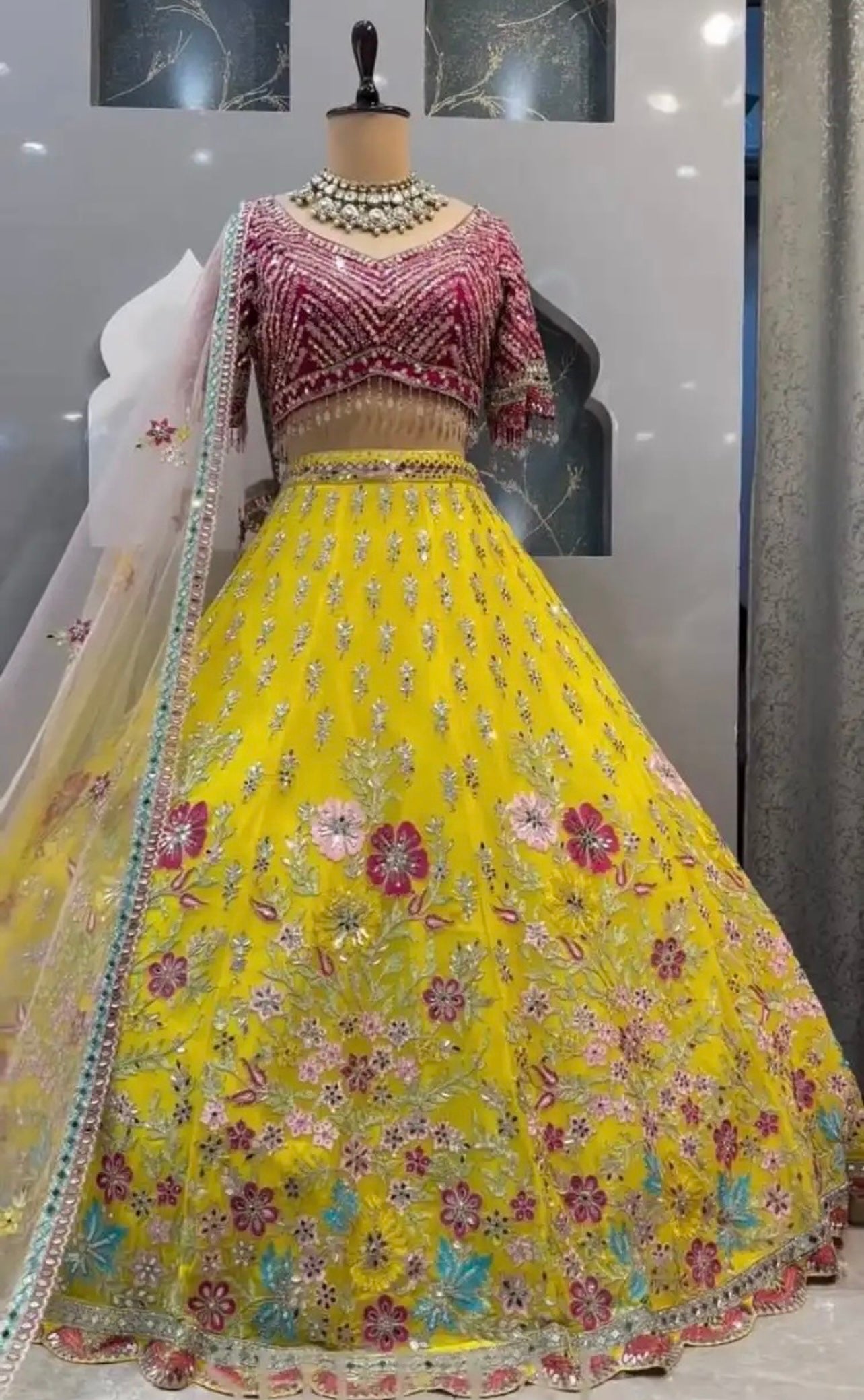 Premium Real Mirror Work Lehenga Choli with Pink Embroidered Blouse & Butterfly Net Dupatta