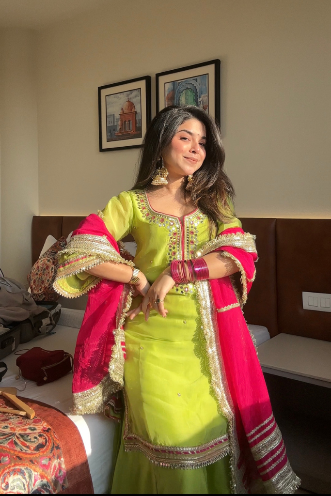 Parrot Designer Palazzo Suit – Luxury Thread & Sequins Embroidery