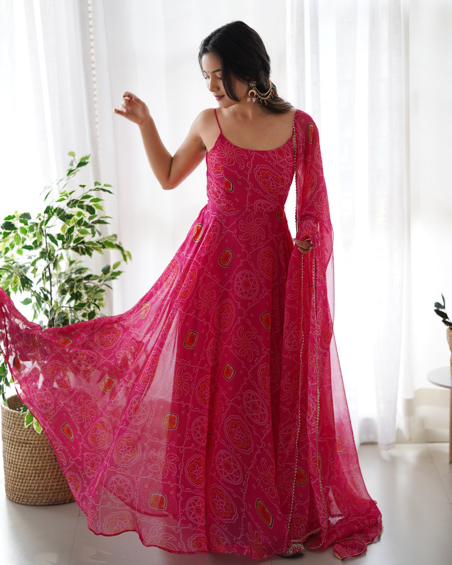 Spectacular Pink Chiffon Bandhej Printed Stitched Anarkali Pant Suit - INDIAN ELEGANCE